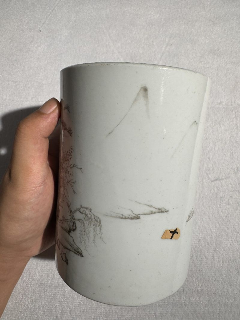 清康熙 墨彩山水人物图笔筒 - 图3