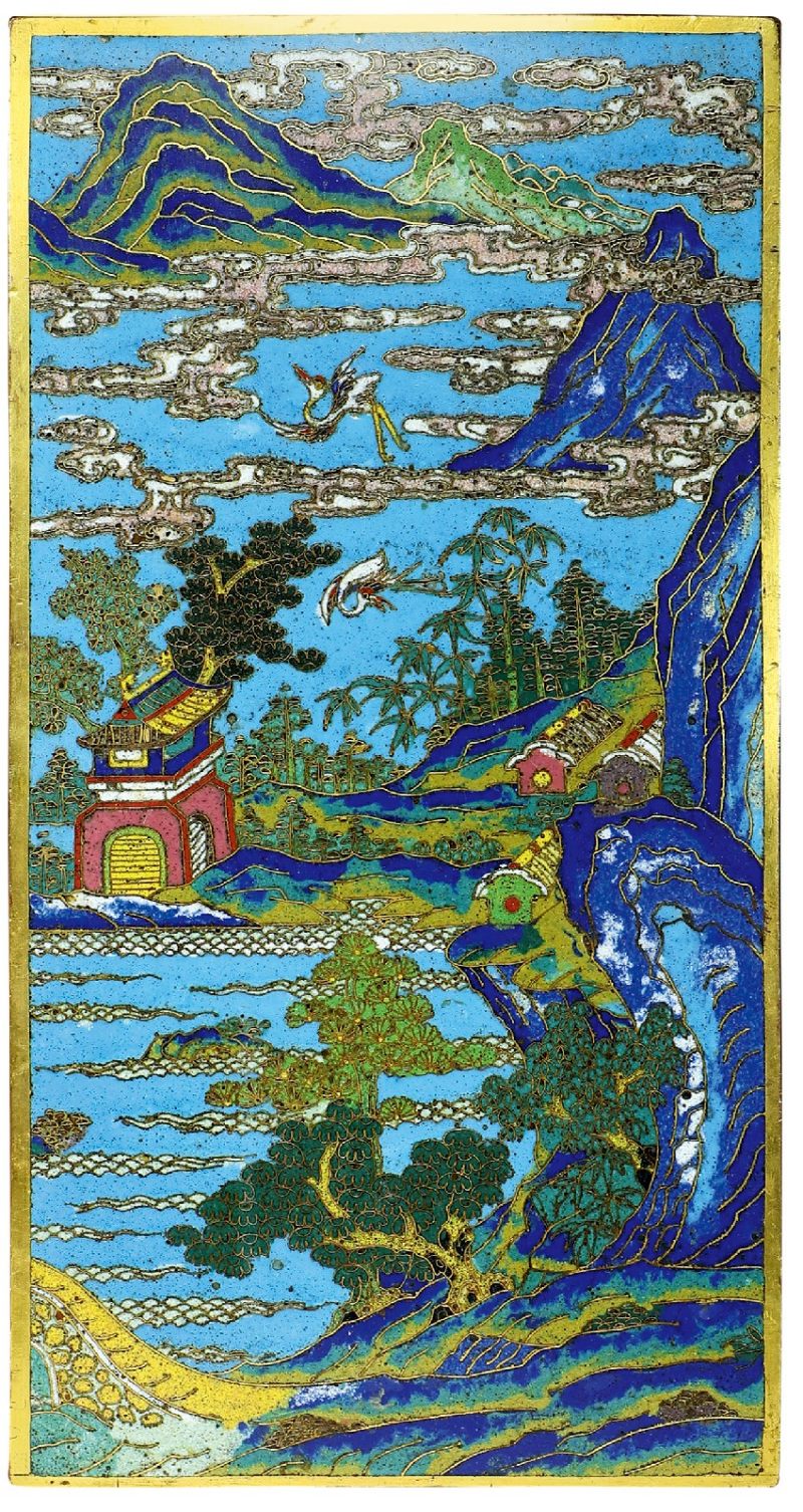 清乾隆 铜胎掐丝珐琅山水楼台云鹤纹琮式瓶 - 图4