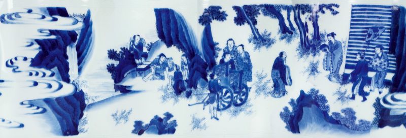 明崇祯 青花文王访贤图大笔海（配鎏金架） - 图2
