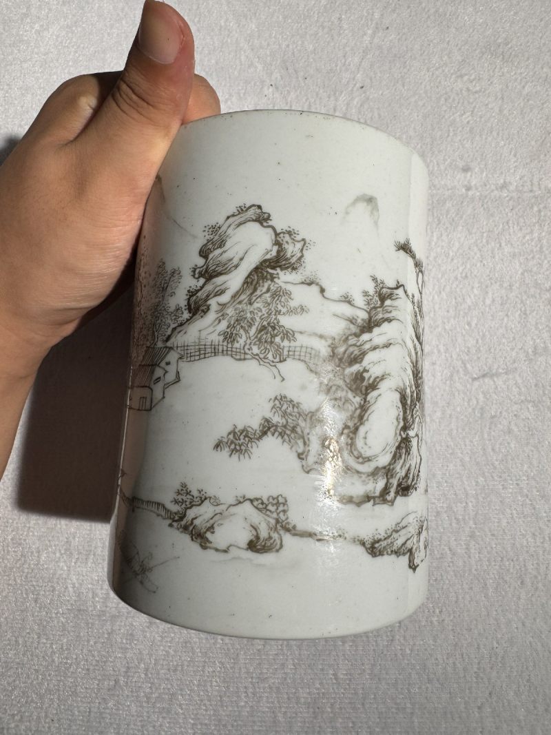 清康熙 墨彩山水人物图笔筒 - 图5