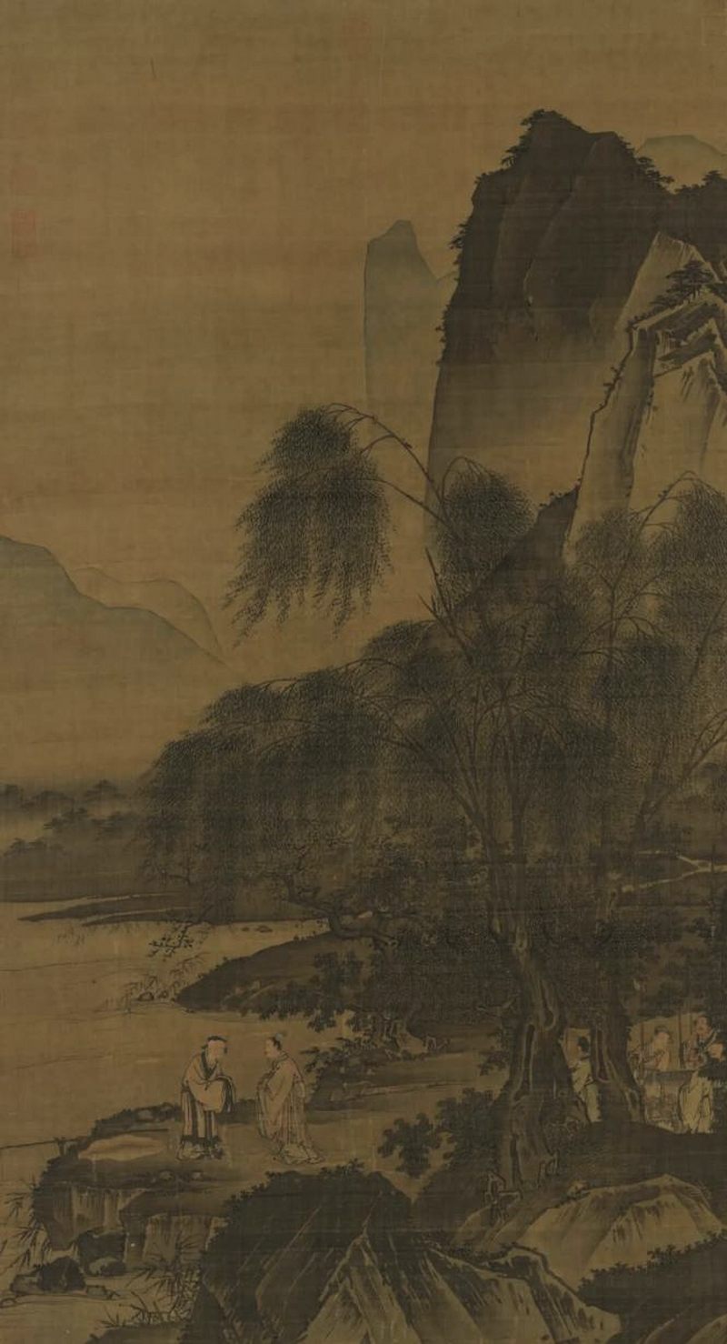 明崇祯 青花文王访贤图大笔海（配鎏金架） - 图3
