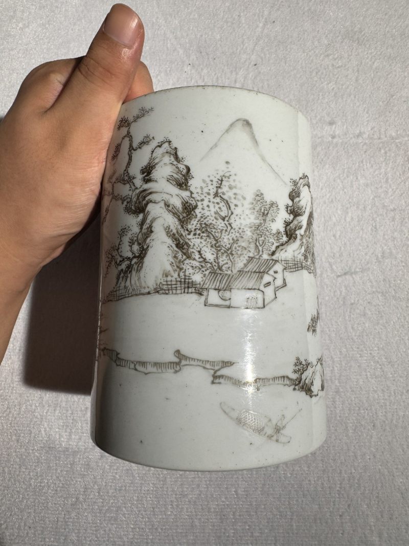 清康熙 墨彩山水人物图笔筒 - 图6