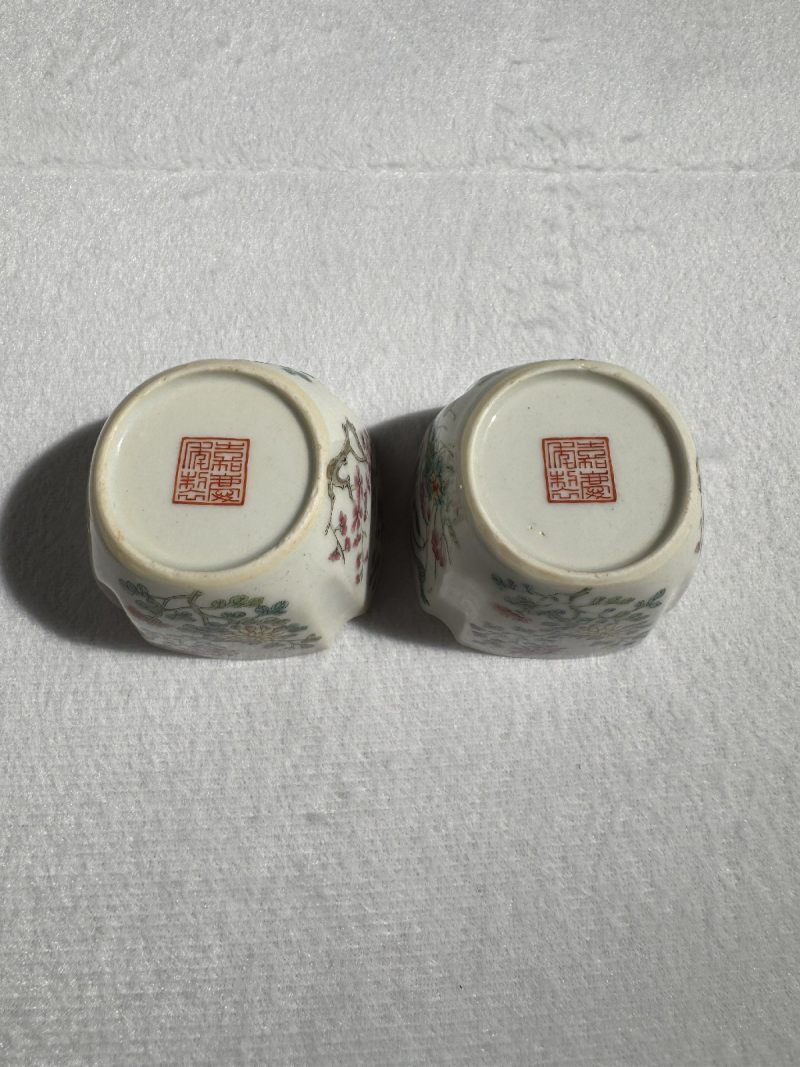 清嘉庆 粉彩四季花卉倭角杯 （一对） - 图8