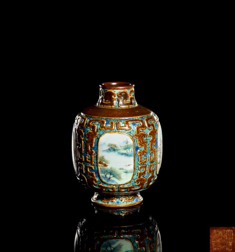 清乾隆 唐窑仿古铜釉描金四开光粉彩四季山水纹小尊 - 图1