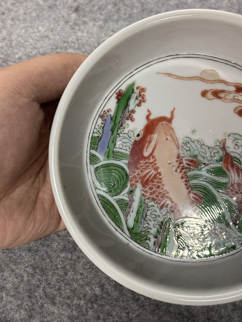 清康熙 臧窑五彩赤鲤朝日图洗 - 图11