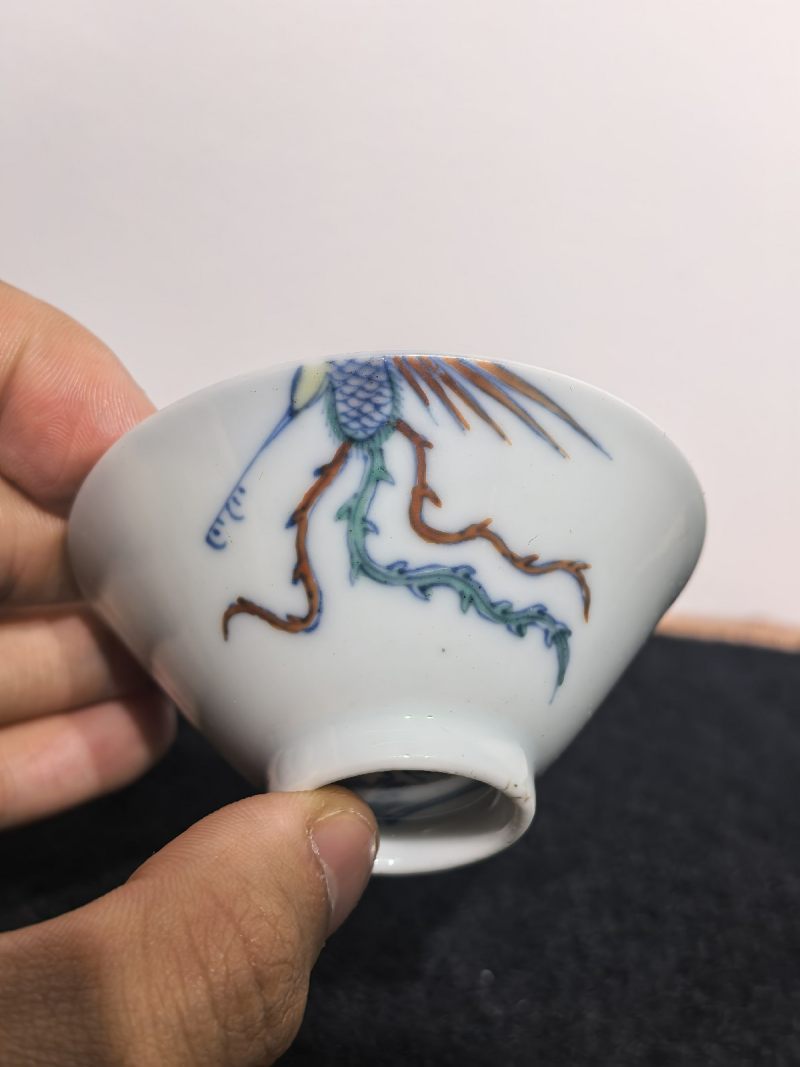 清康熙 郎窑斗彩过墙凤竹纹笠式小杯 （一对） - 图16