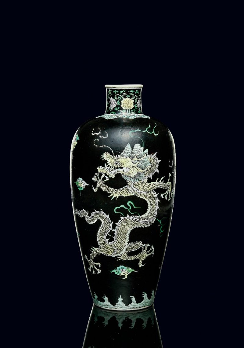 清康熙 臧窑乌金釉素三彩立龙莱菔尊 - 图2