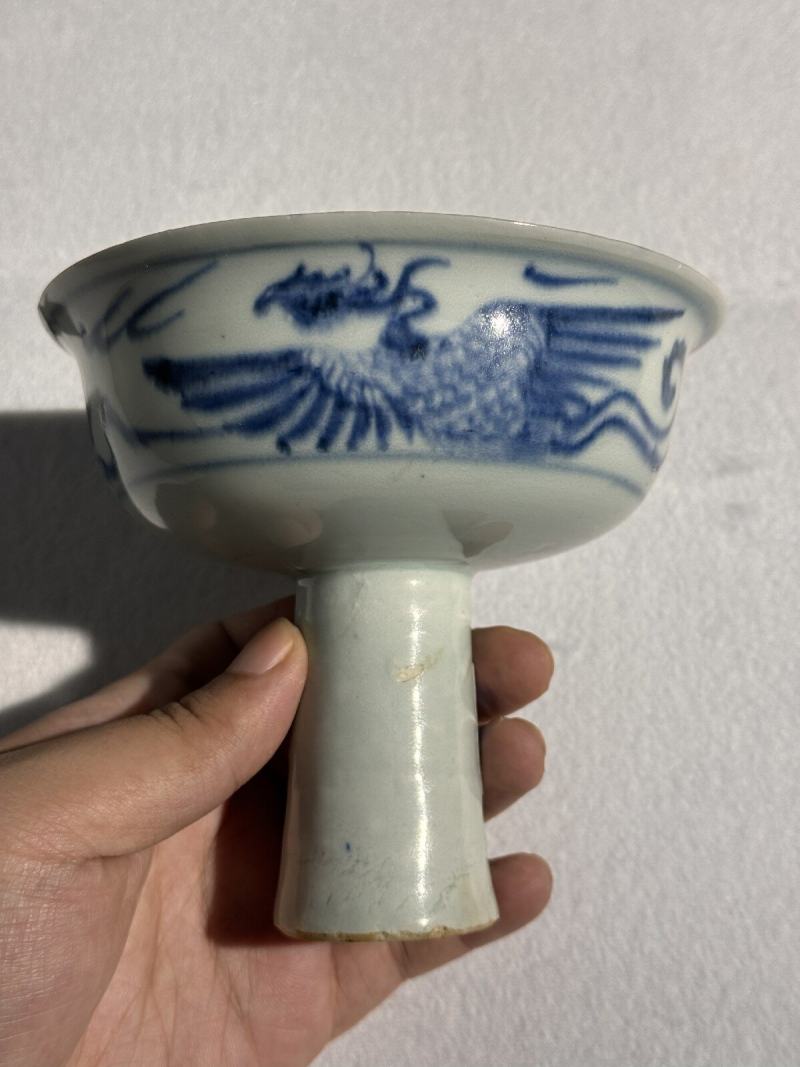 元 青花内堆塑龙纹外凤纹高足杯 - 图10