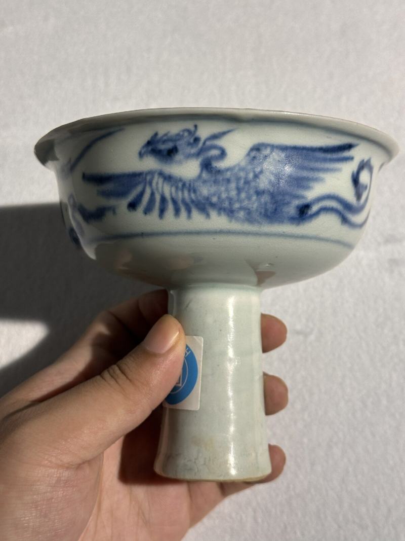 元 青花内堆塑龙纹外凤纹高足杯 - 图12