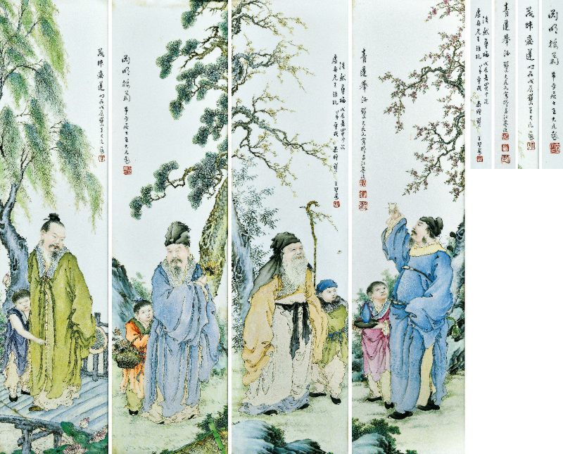 民国 王大凡绘粉彩「四爱图」山水瓷板屏风 （一套六扇） - 图2