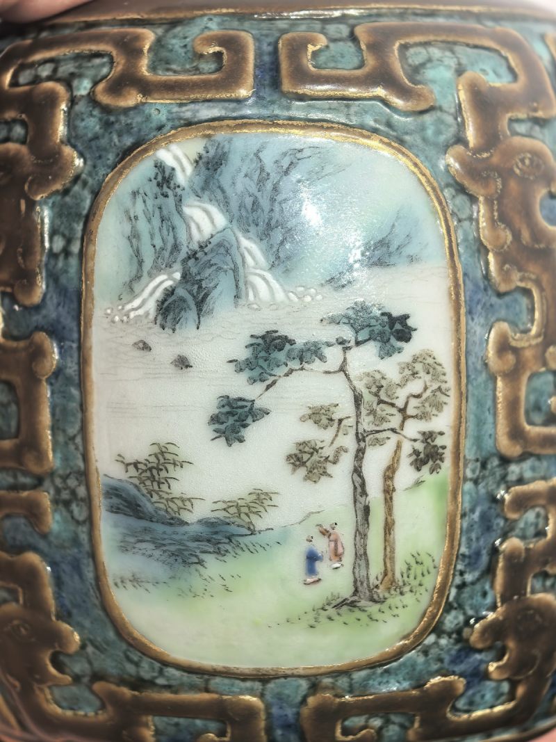 清乾隆 唐窑仿古铜釉描金四开光粉彩四季山水纹小尊 - 图27
