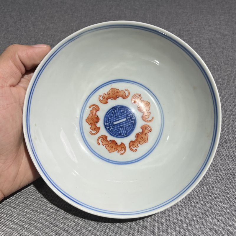 清光绪青花矾红洪福齐天纹碗 - 图7