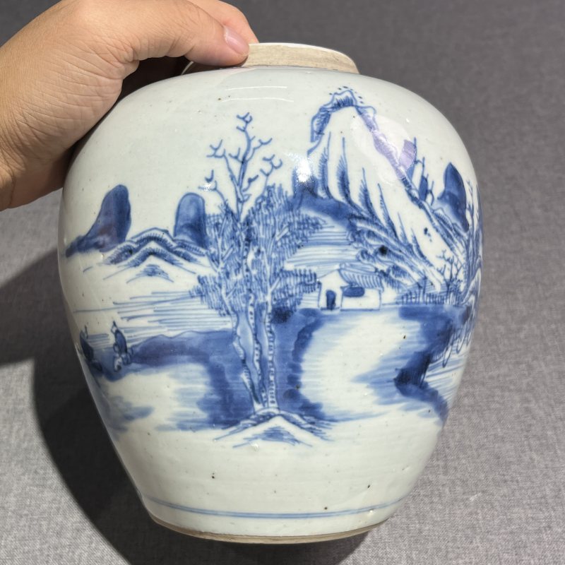清早期青花山水风景纹罐 - 图4