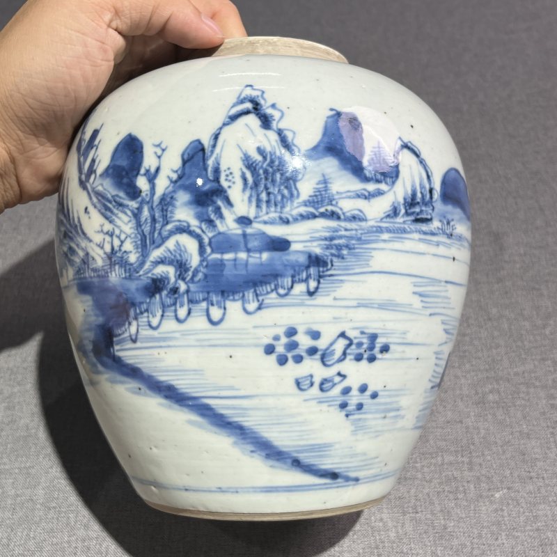 清早期青花山水风景纹罐 - 图5