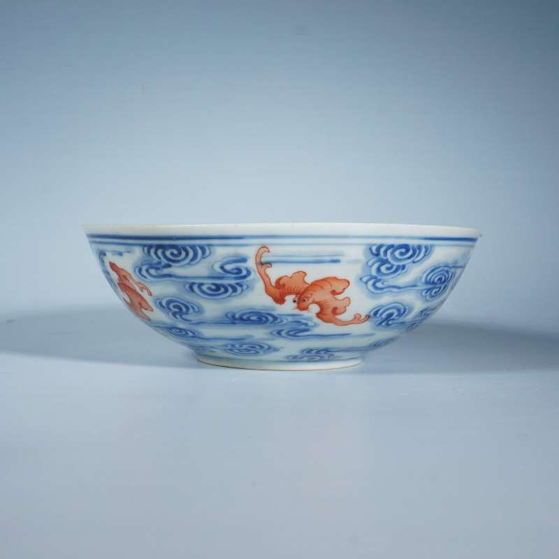 清光绪青花矾红洪福齐天纹碗 - 图1