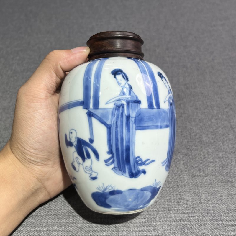 清康熙青花侍女纹莲子罐 - 图4