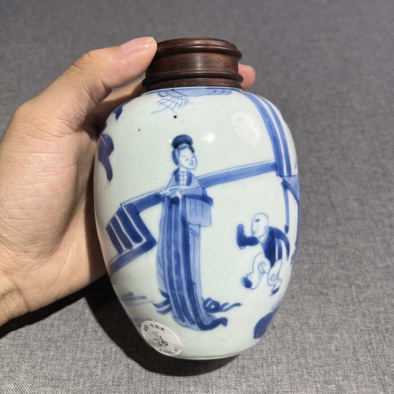 清康熙青花侍女纹莲子罐 - 图5