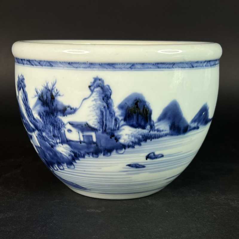 清雍正 青花山水人物纹案缸 - 图3