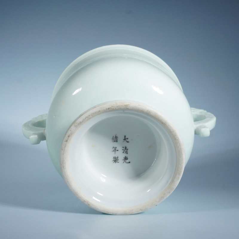 清光绪粉青釉暗刻弦纹双龙耳簋 - 图3