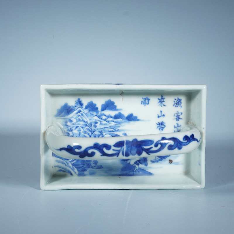 清中期青花山水风景提篮盘 - 图2