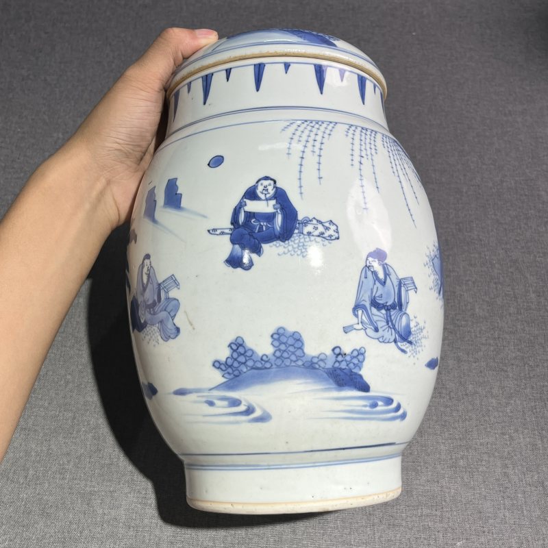 明崇祯青花人物纹莲子罐 - 图4