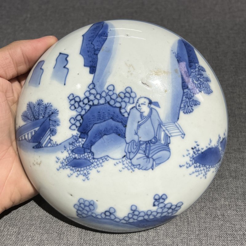 明崇祯青花人物纹莲子罐 - 图5