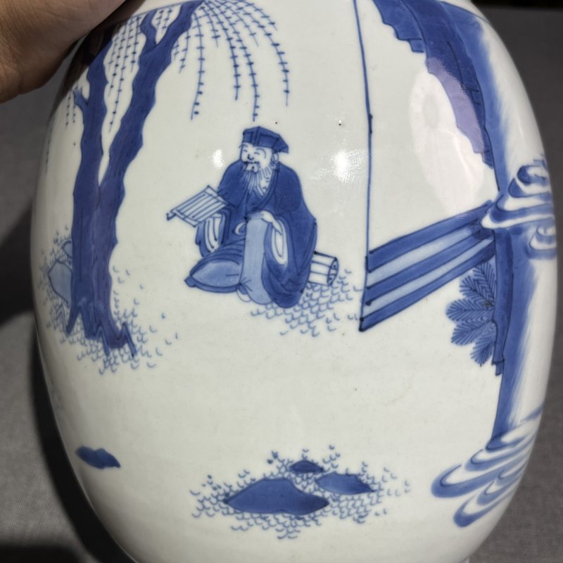 明崇祯青花人物纹莲子罐 - 图12
