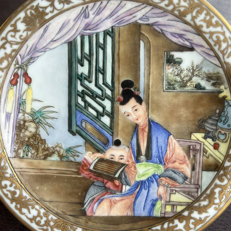 民国 外宝石蓝釉内珐琅彩课子图盘 - 图7