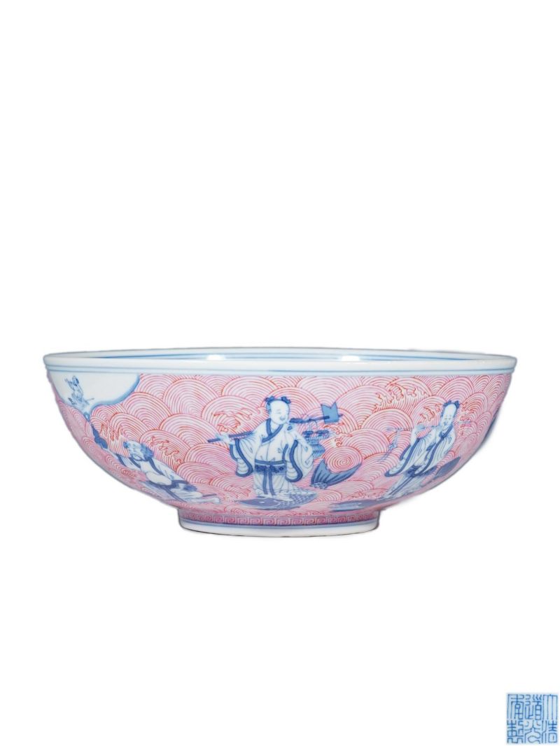    清道光 胭脂红釉青花八仙祝寿图大碗 - 图1