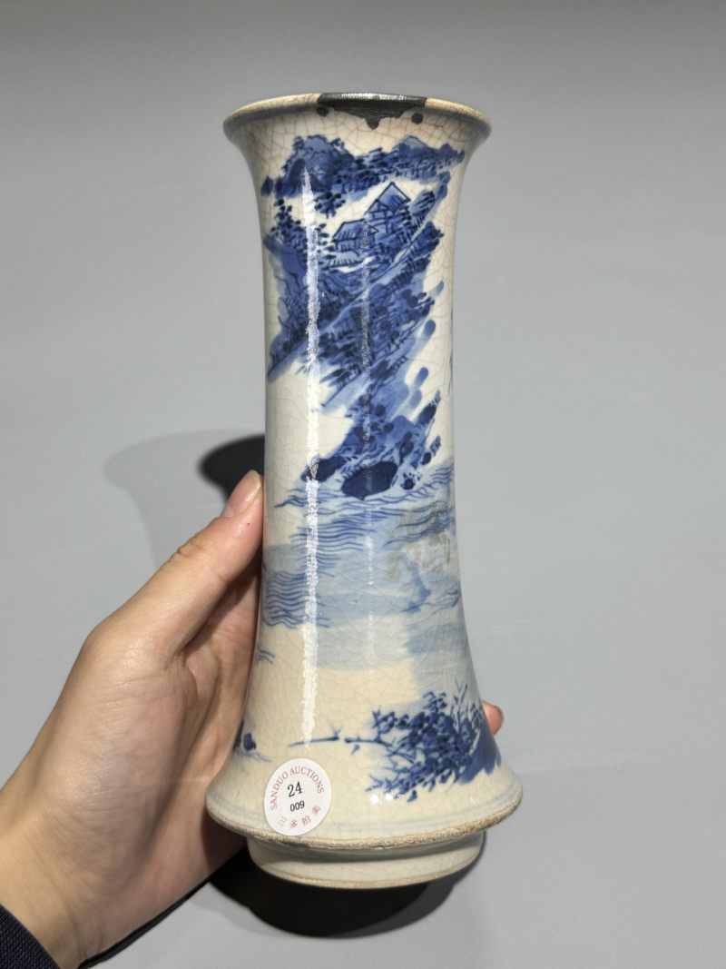    清晚期 煟瓷青花山水人物纹筒式花觚 - 图4