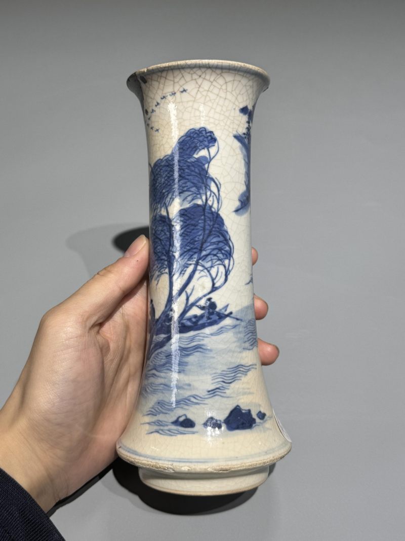    清晚期 煟瓷青花山水人物纹筒式花觚 - 图5