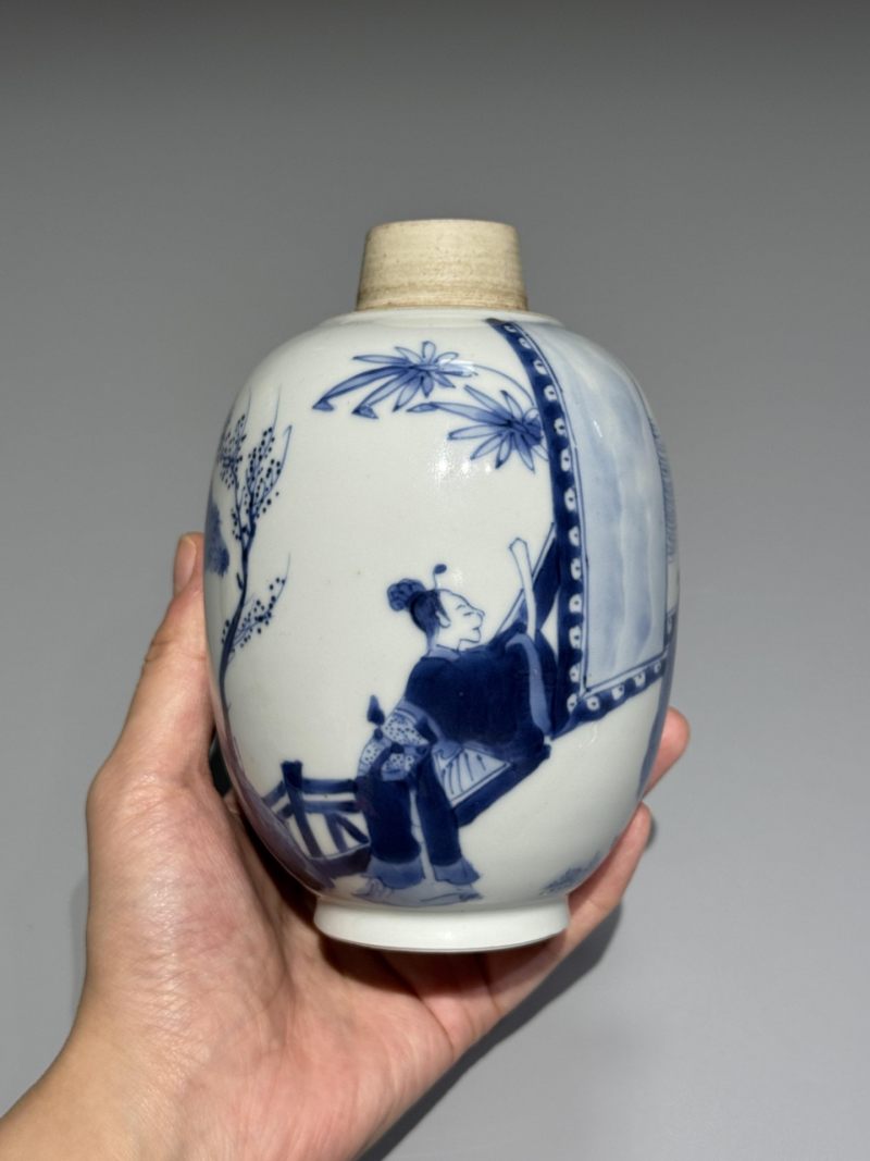    清康熙 青花人物故事纹罐 带木盖 - 图3