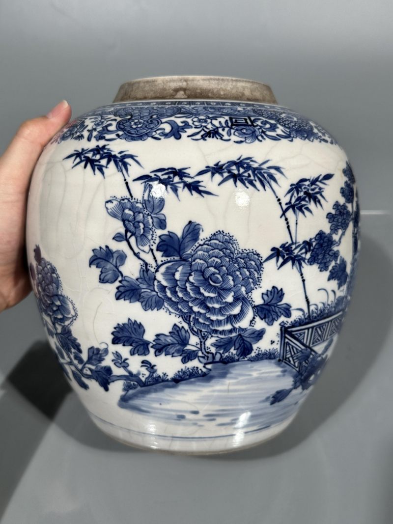    清雍正 浆胎青花松竹牡丹纹罐 - 图7
