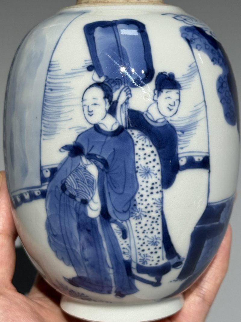    清康熙 青花人物故事纹罐 带木盖 - 图7