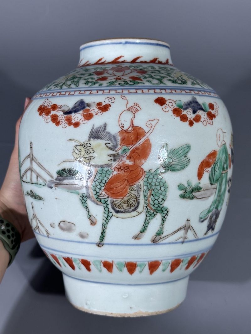    清顺治 青花五彩麒麟送子图罐 - 图6