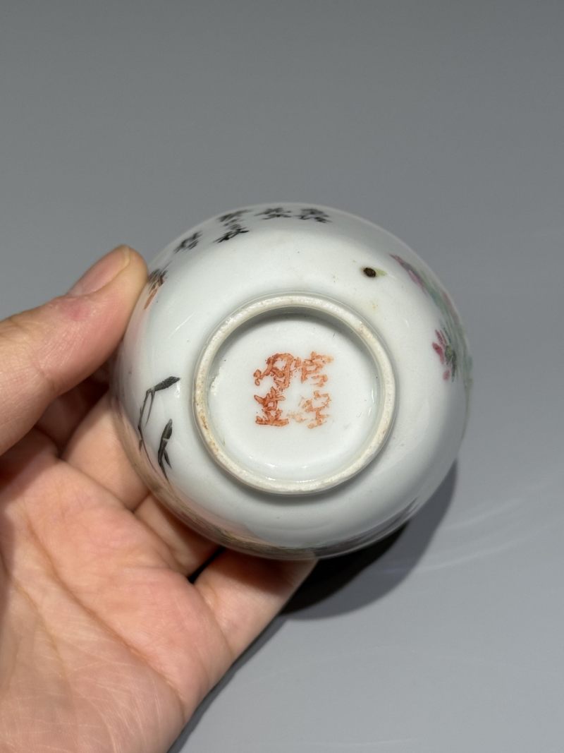    清晚期 浅降彩花鸟诗文杯一对 - 图6