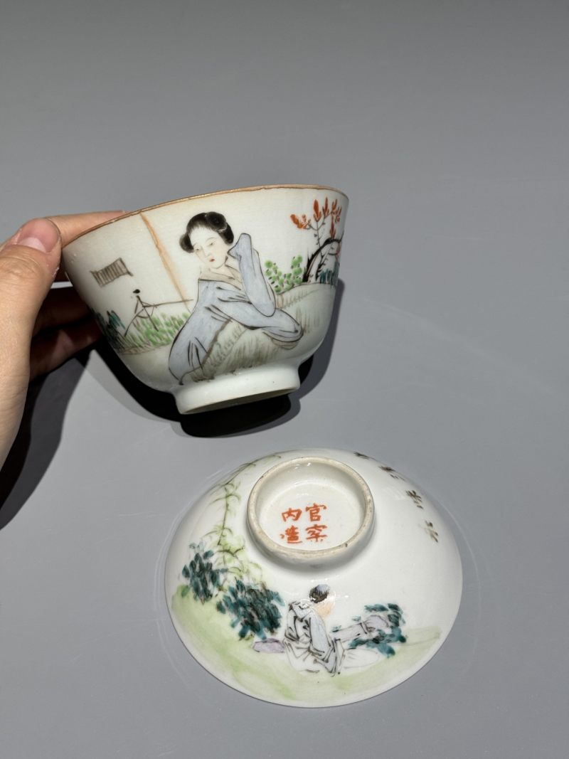    清光绪 浅降彩仕女纹盖碗一对 - 图8