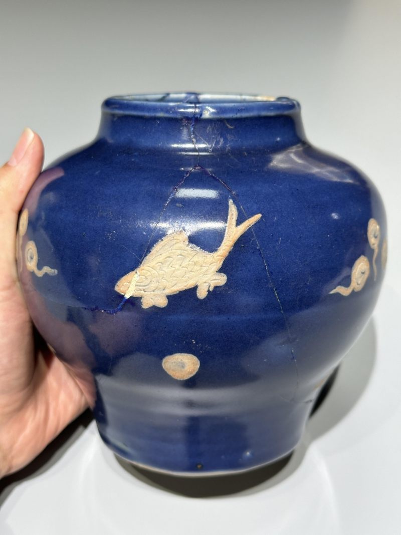    明中期 宝石蓝釉贴塑鱼藻纹罐 - 图8