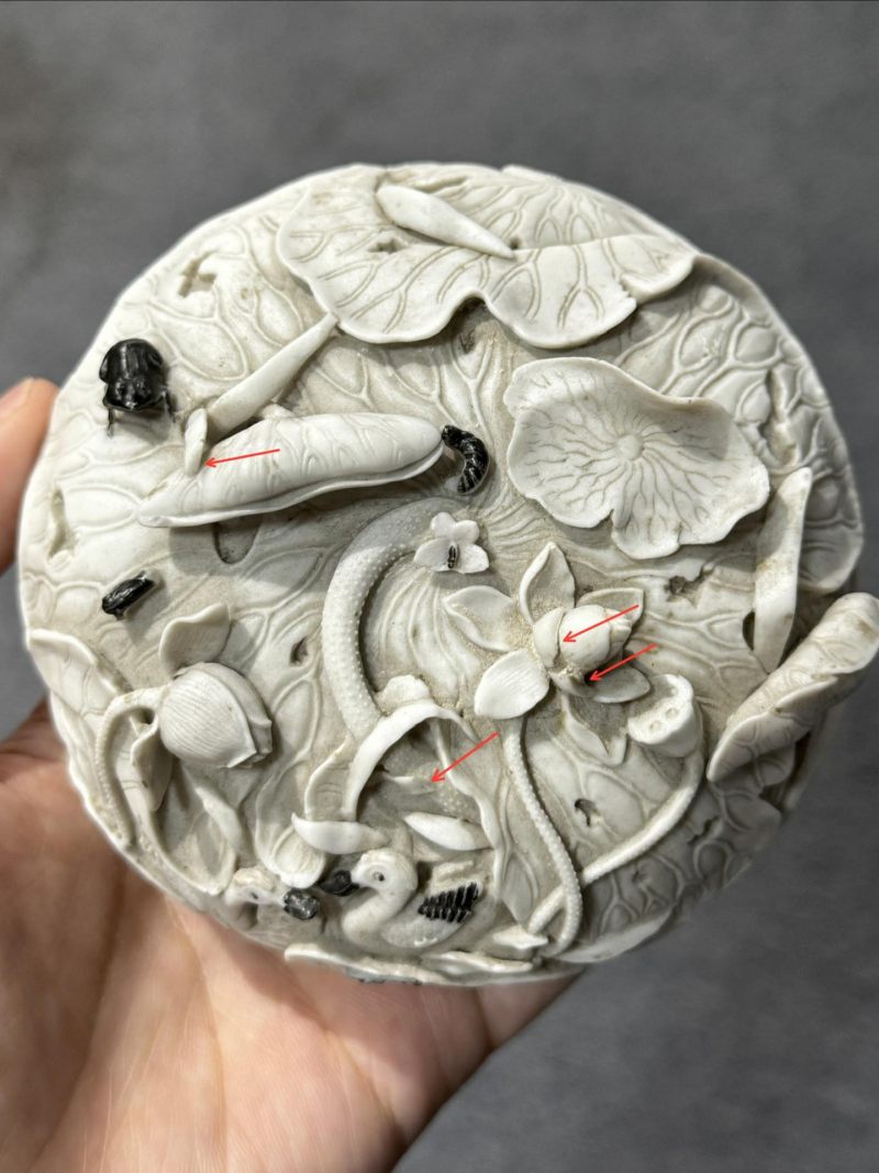    清晚期 素胎浮雕荷花鹤印盒 - 图12