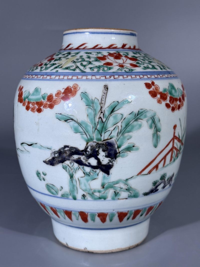    清顺治 青花五彩麒麟送子图罐 - 图8