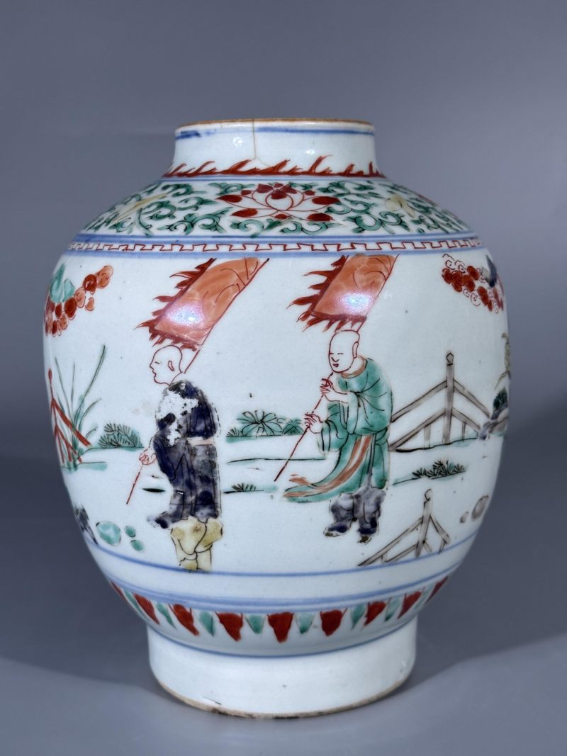    清顺治 青花五彩麒麟送子图罐 - 图9