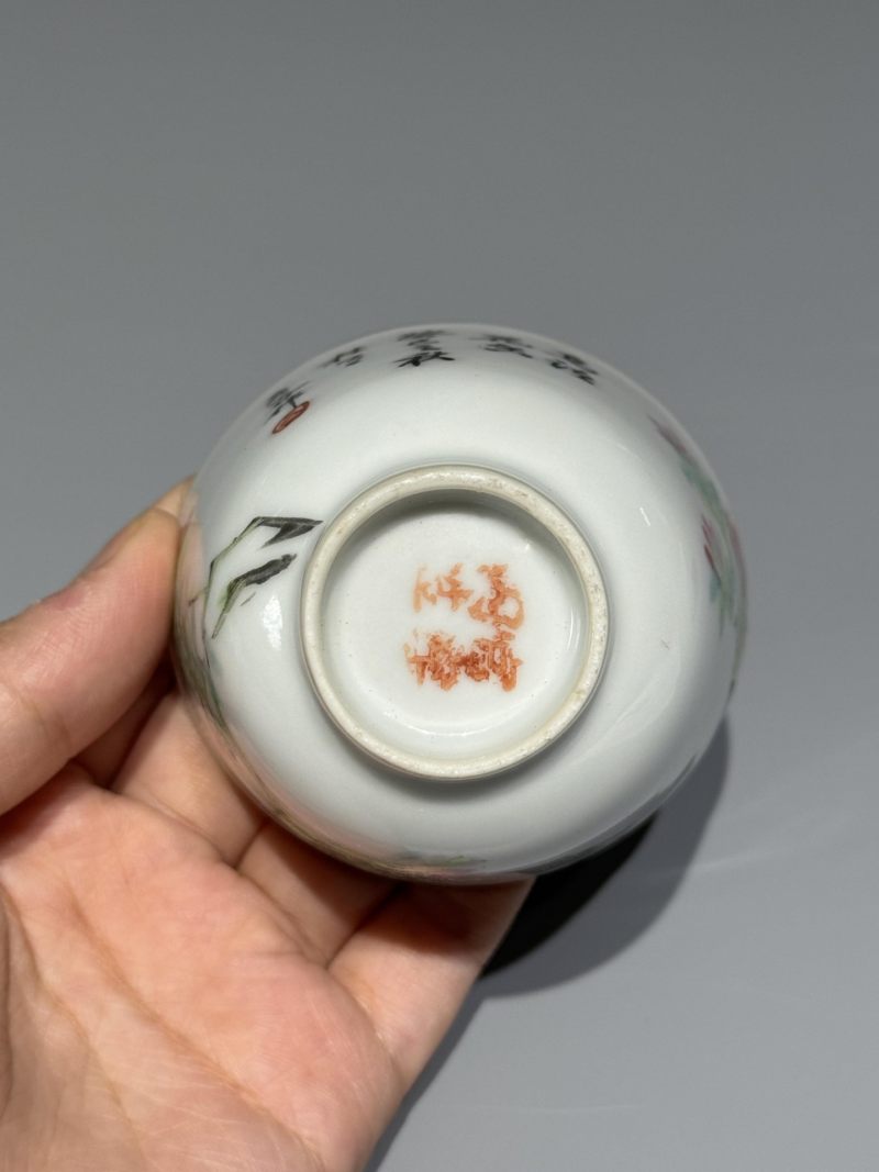    清晚期 浅降彩花鸟诗文杯一对 - 图10