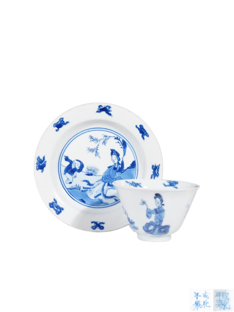    清康熙 青花三娘教子图杯碟一组（两件） - 图1