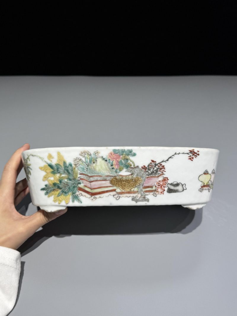    清晚期 浅降彩花鸟博古纹花盆 - 图4