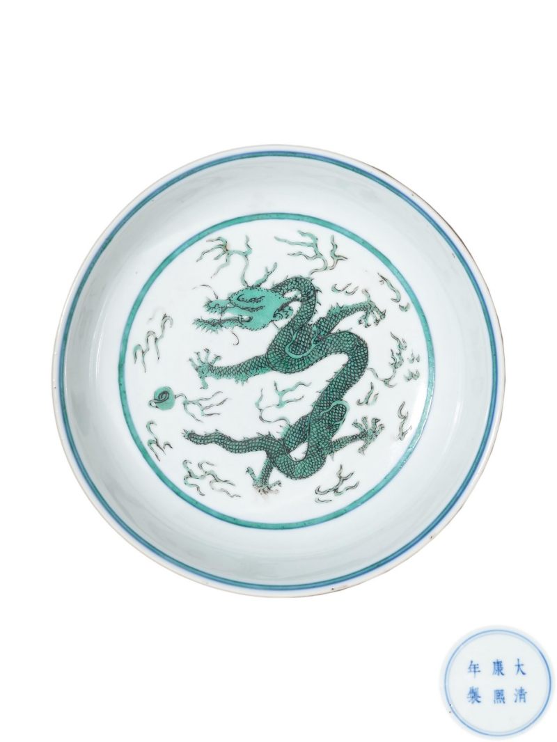    清康熙 白釉绿龙纹盘 - 图1