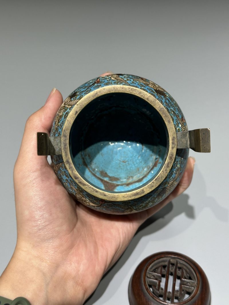    清 铜胎掐丝珐琅云鹤纹冠耳炉 带盖 - 图7