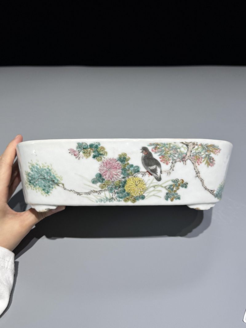    清晚期 浅降彩花鸟博古纹花盆 - 图5