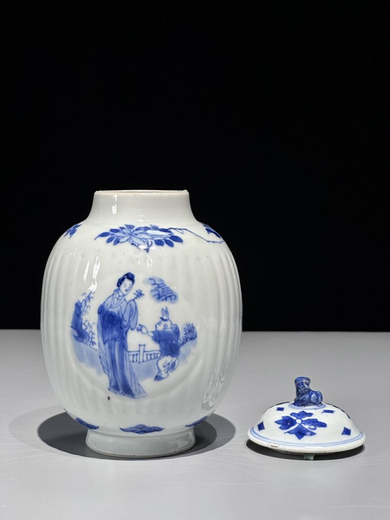    清康熙 青花教子图盖罐 - 图3