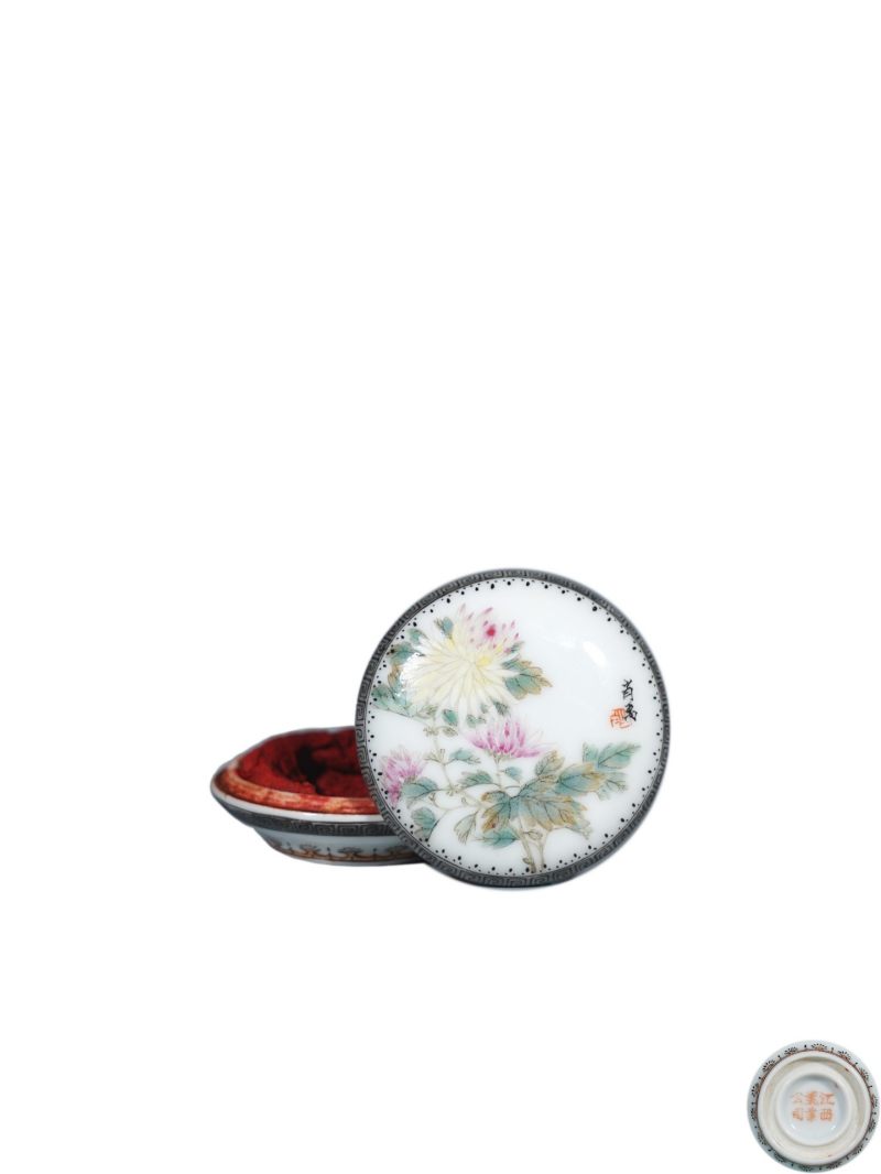    民国 粉彩菊花纹印泥盒