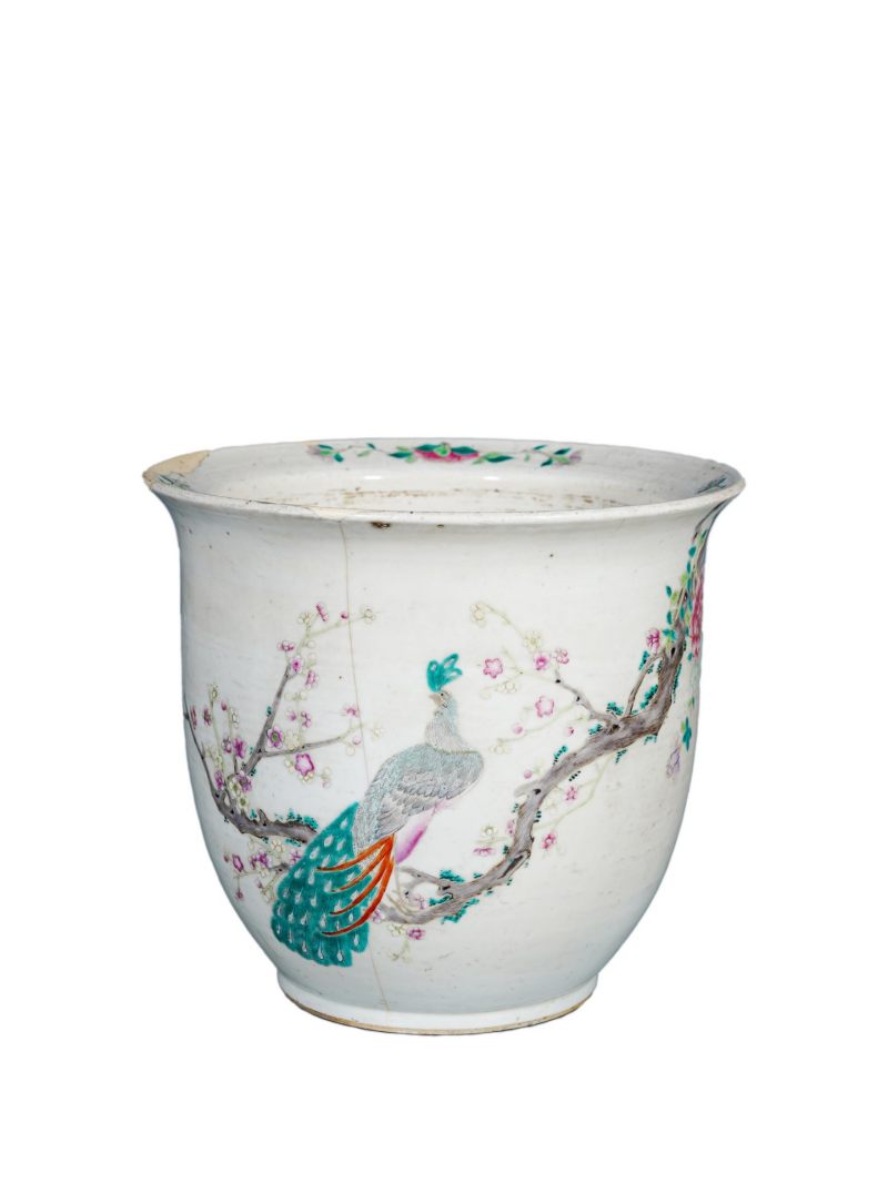    民国 粉彩孔雀梅花纹花盆 - 图1